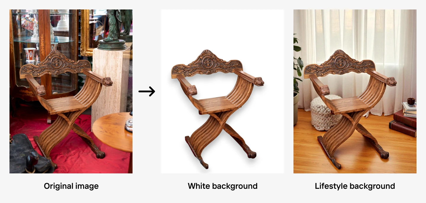 Antique wooden chair shown on original, plain white, and cozy home lifestyle backgrounds.