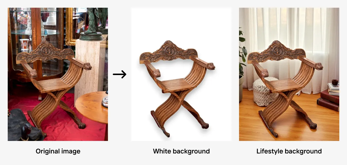 Antique wooden chair shown on original, plain white, and cozy home lifestyle backgrounds.