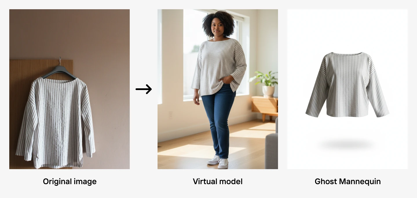 A striped top is shown on a hanger, on a virtual model, and as a ghost mannequin display.