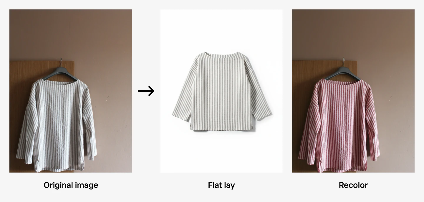 A striped long-sleeve shirt, shown in three stages: original on a hanger, flat lay, and recolored to pink on a hanger.