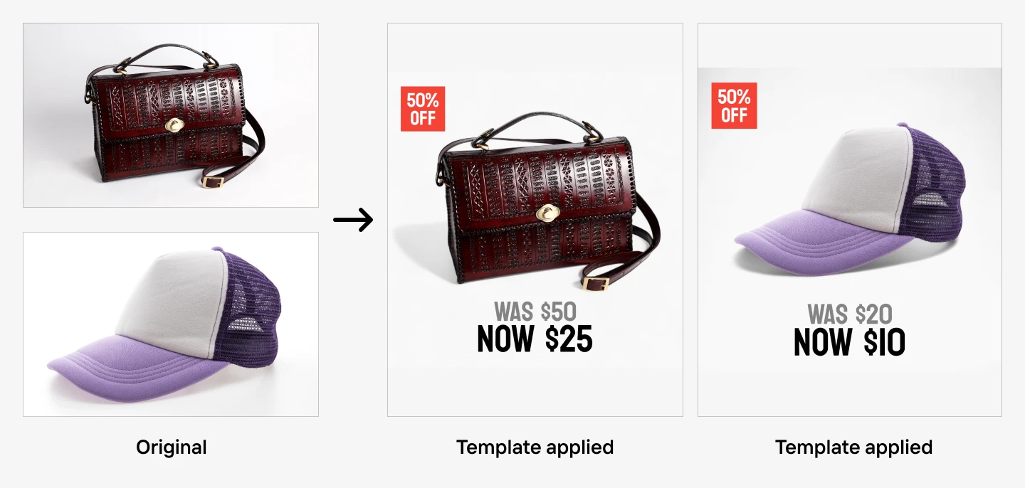 Handbag and cap transformed from plain product shots to sleek “50% off” ads.