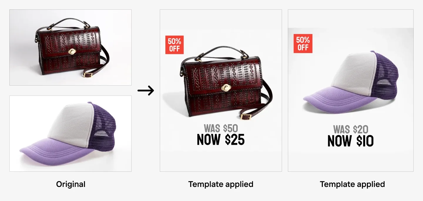 Handbag and cap transformed from plain product shots to sleek “50% off” ads.
