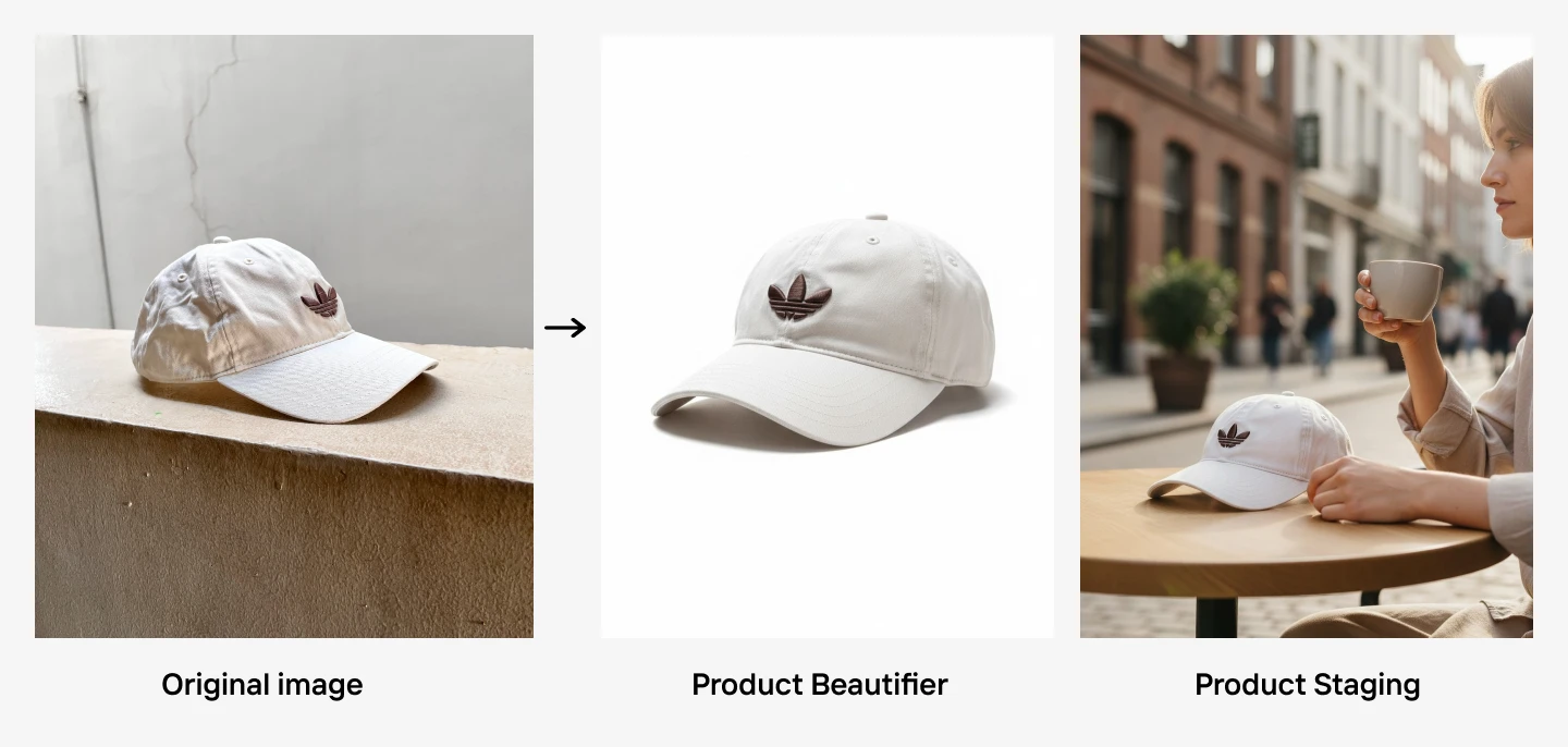 white cap shown on original surface, then cleaned to white background and staged in a lifestyle scene