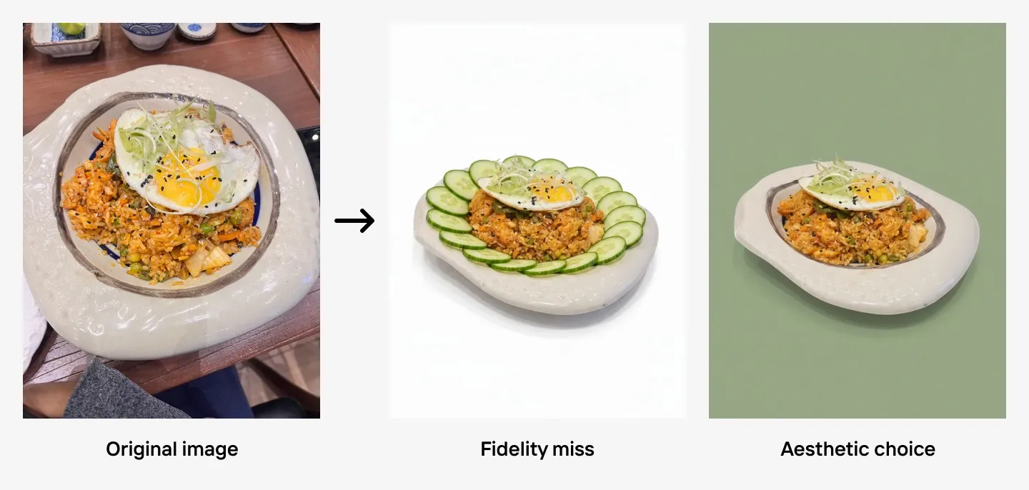 Three product images of a fried rice dish side by side. The original shows the dish on a table. The fidelity miss shows the same dish with cucumber slices added around the plate, an ingredient the product doesn't include. The aesthetic choice shows the unchanged dish on a green background.