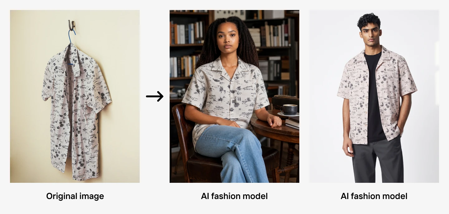 Shirt on a hanger is shown transformed into an AI fashion model on a woman and a man, both wearing the same patterned shirt.