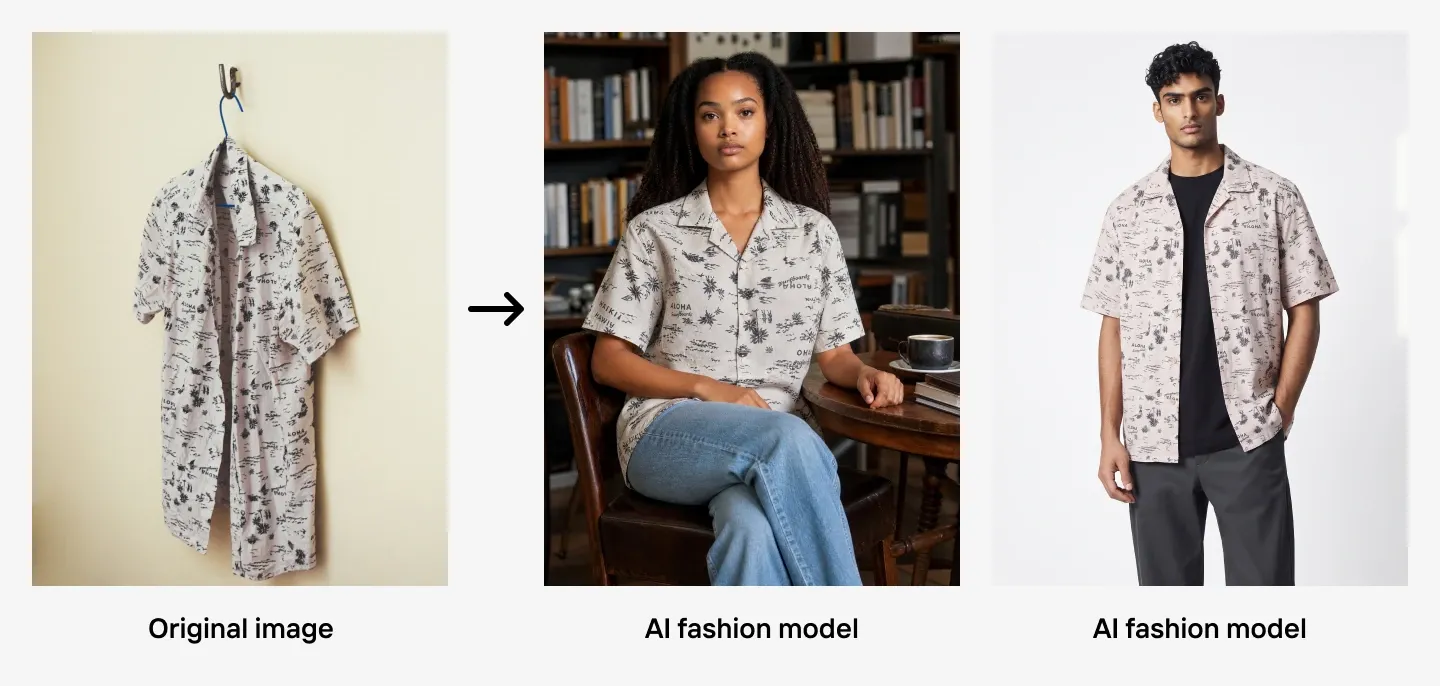 Shirt on a hanger is shown transformed into an AI fashion model on a woman and a man, both wearing the same patterned shirt.