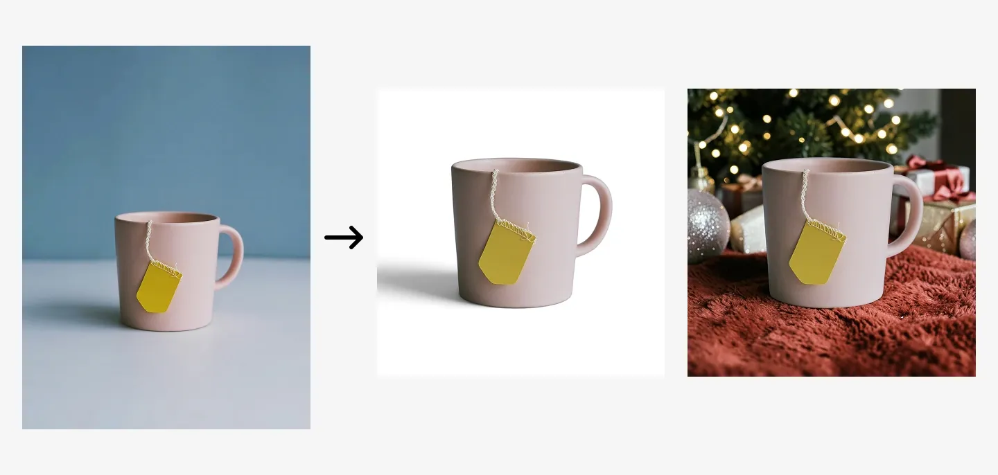 A pink mug with a yellow tea bag label, first on a plain blue background, then isolated, and finally on a red rug near a decorated Christmas tree.