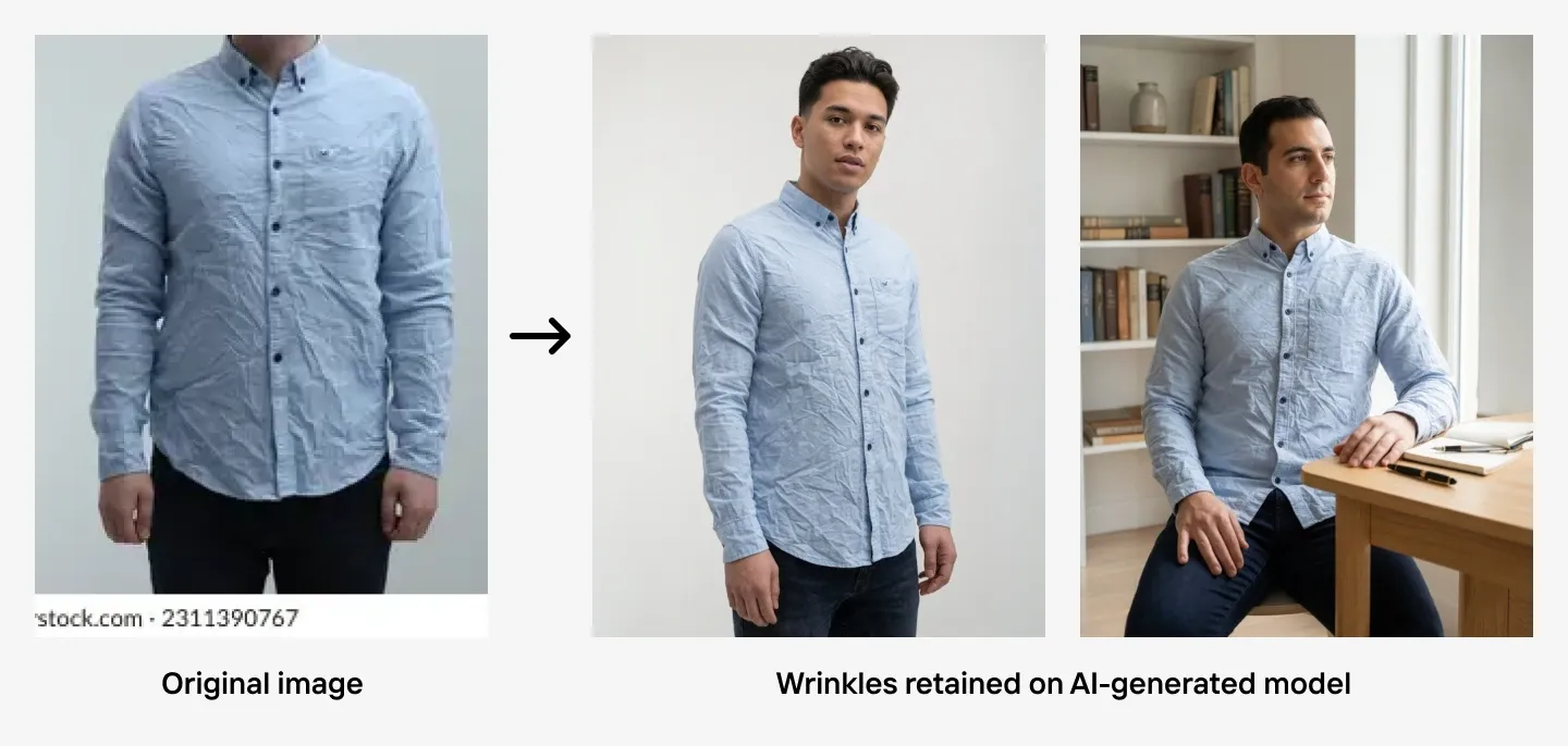 Split image comparing original and AI-generated photos of a man in a blue shirt. Wrinkles are retained in AI models.