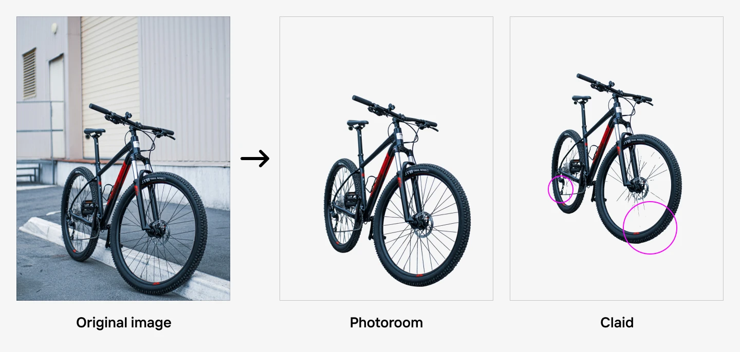 Side-by-side comparison of a bicycle image, showing the original and edited versions with clean backgrounds and highlighted edits.