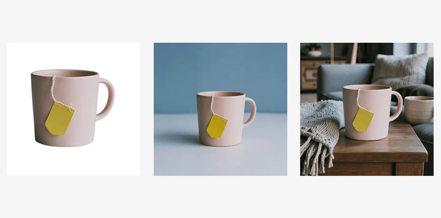 Three images of a pink mug with a yellow teabag tag in different settings: plain background, blue background, and cozy living room with a blanket.