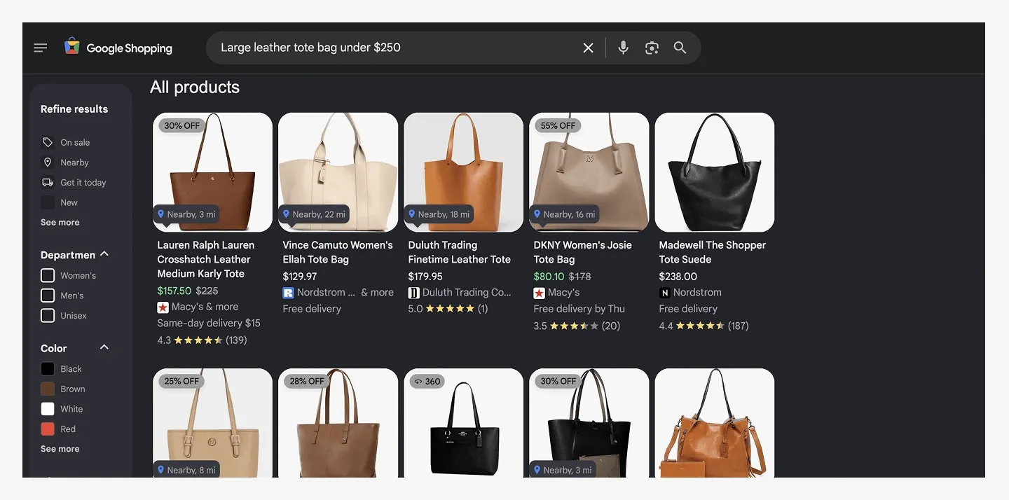 Google Shopping search page displaying various tote bags under $250, with options to refine search by sale, location, and color.
