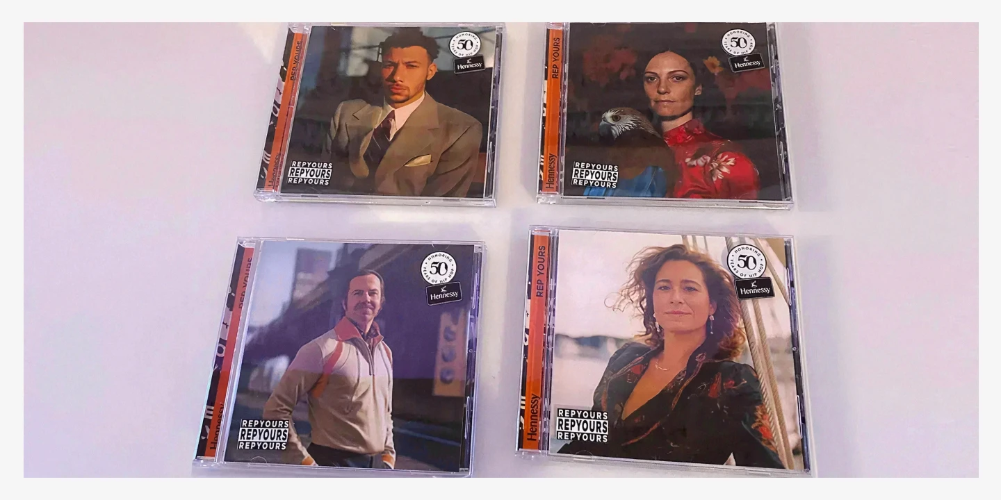 Four album covers featuring portraits of individuals in various attire, arranged in a grid on a white surface for Hennessy's campaign.
