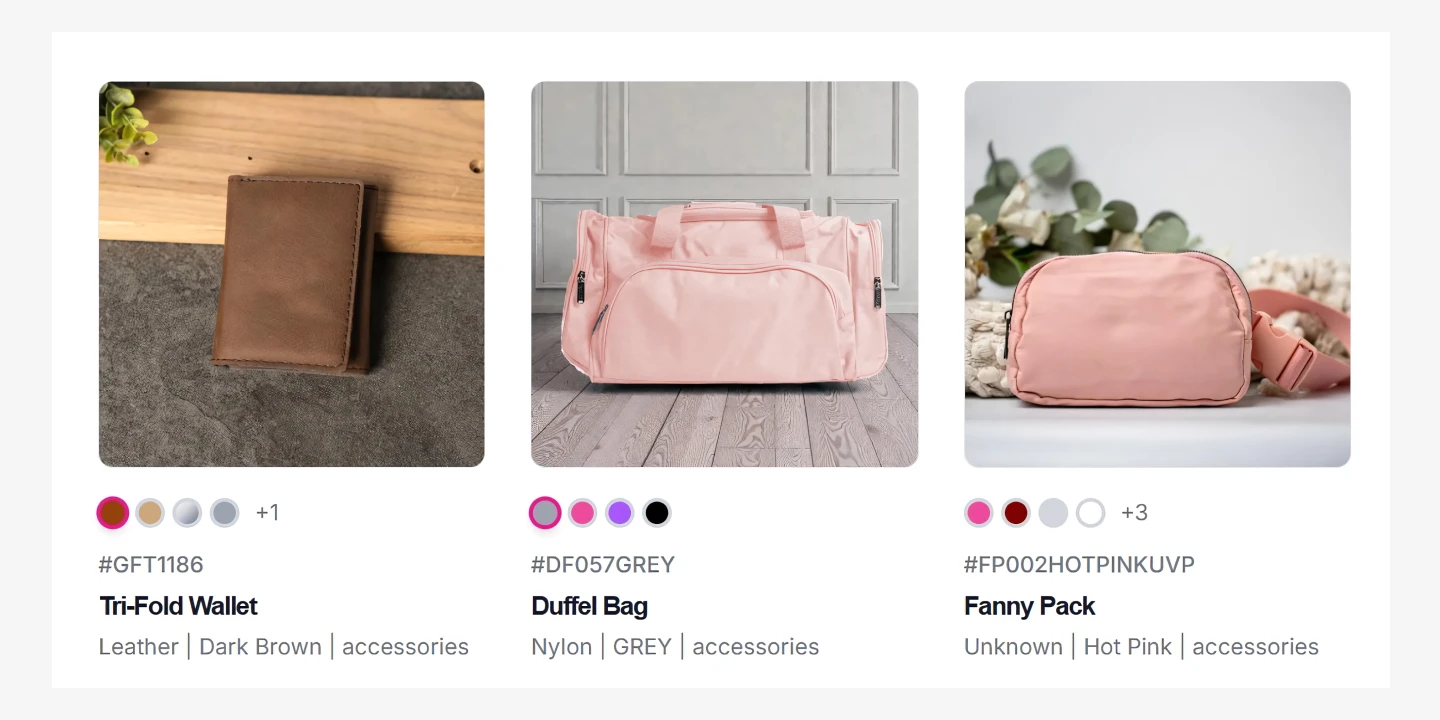 Dark brown tri-fold wallet, pink duffel bag, and hot pink fanny pack displayed with color and material details.