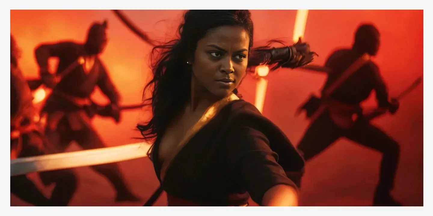 A woman with a determined expression holds a sword, surrounded by silhouetted warriors, against a fiery red background.