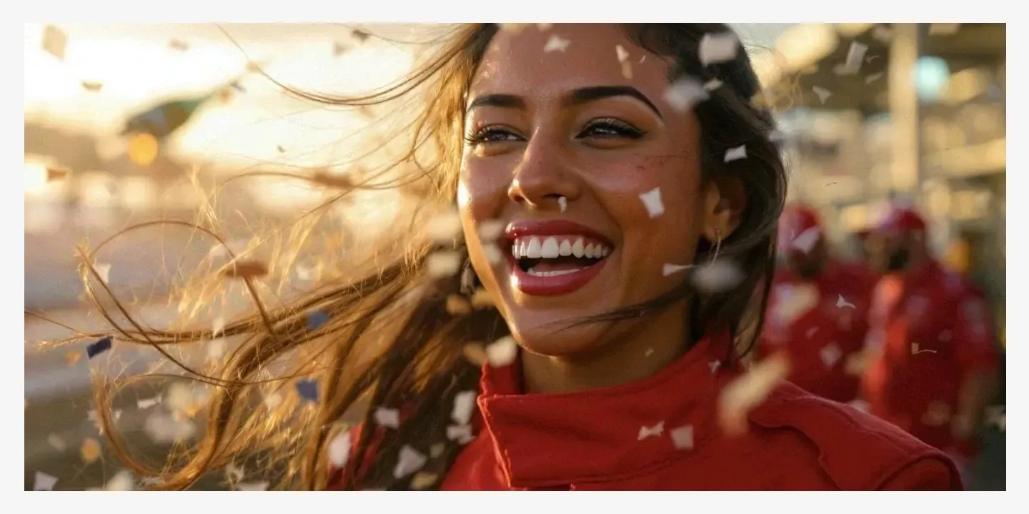 A woman in a red jacket smiles surrounded by falling confetti, with sunlight illuminating her hair and a blurred background.
