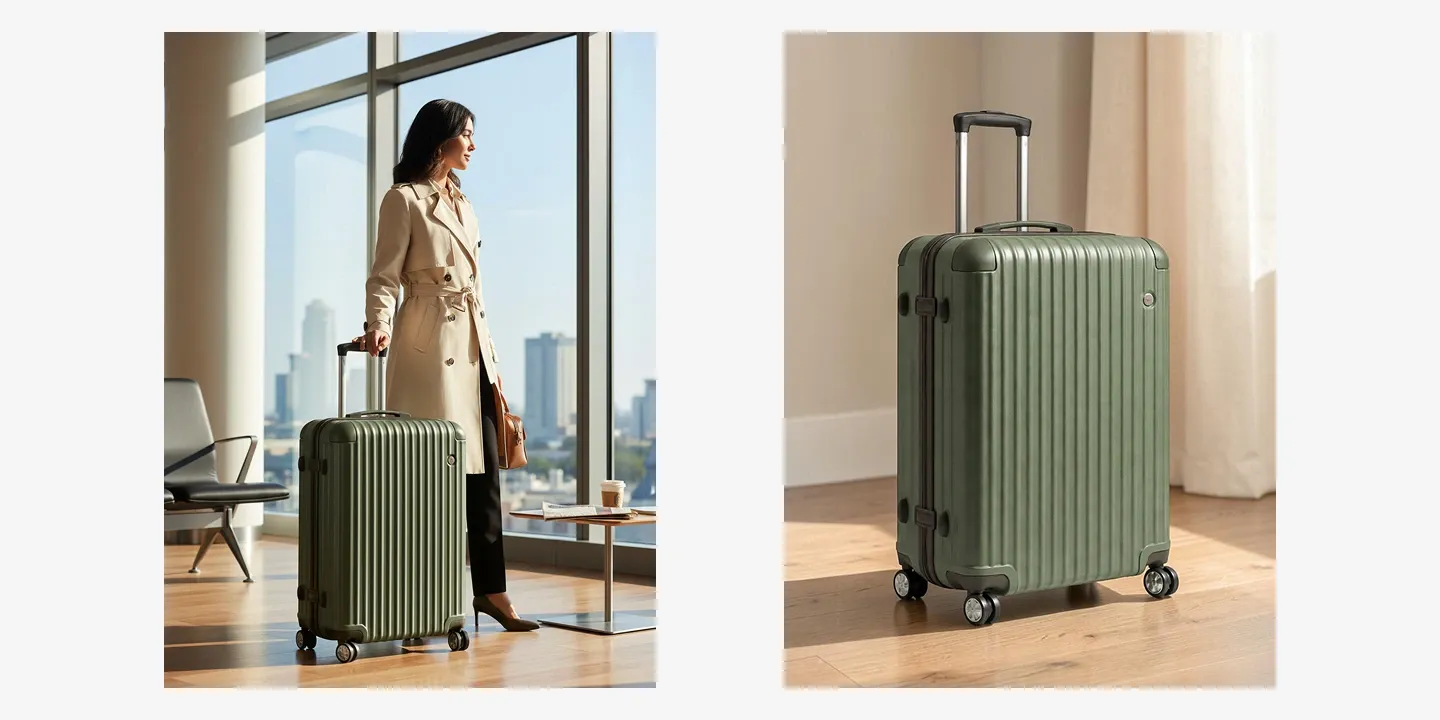 Woman in a beige trench coat with a green hard-shell rolling suitcase in an airport lounge; close-up of the suitcase on the right.