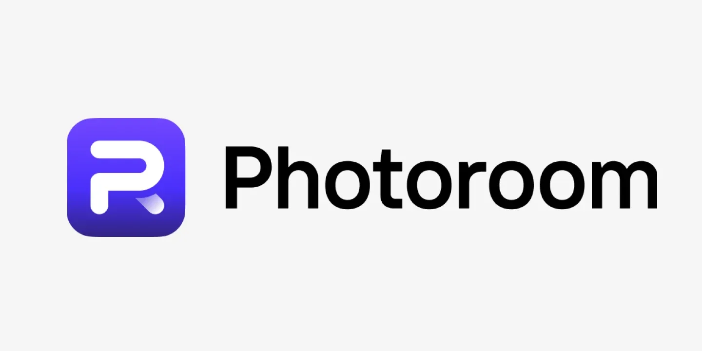 Purple app icon with a stylized "P" followed by the text "Photoroom" in black, set against a white background.
