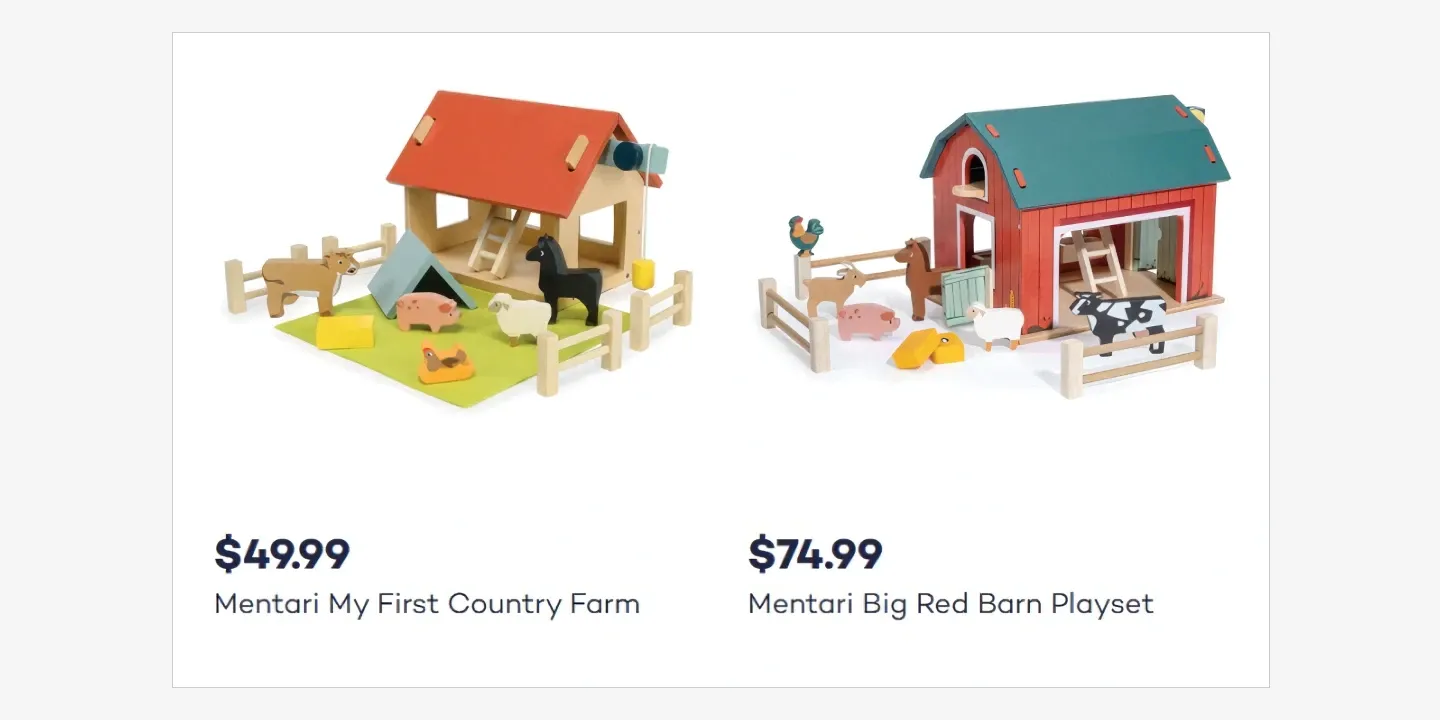 Two toy farm playsets: "My First Country Farm" for $49.99 and "Big Red Barn Playset" for $74.99, with barns, animals, and fences.