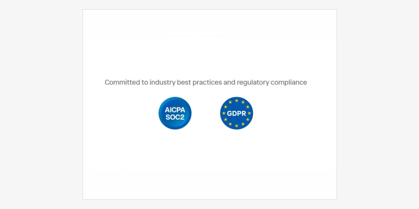 AICPA SOC2 and GDPR badges shown with text about best practices and regulatory compliance.