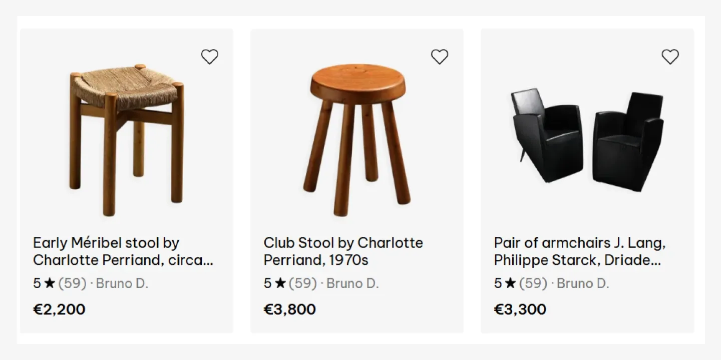 Three furniture items: a Méribel stool (€2,200), a Club Stool (€3,800), and a pair of armchairs (€3,300) with prices and ratings displayed.