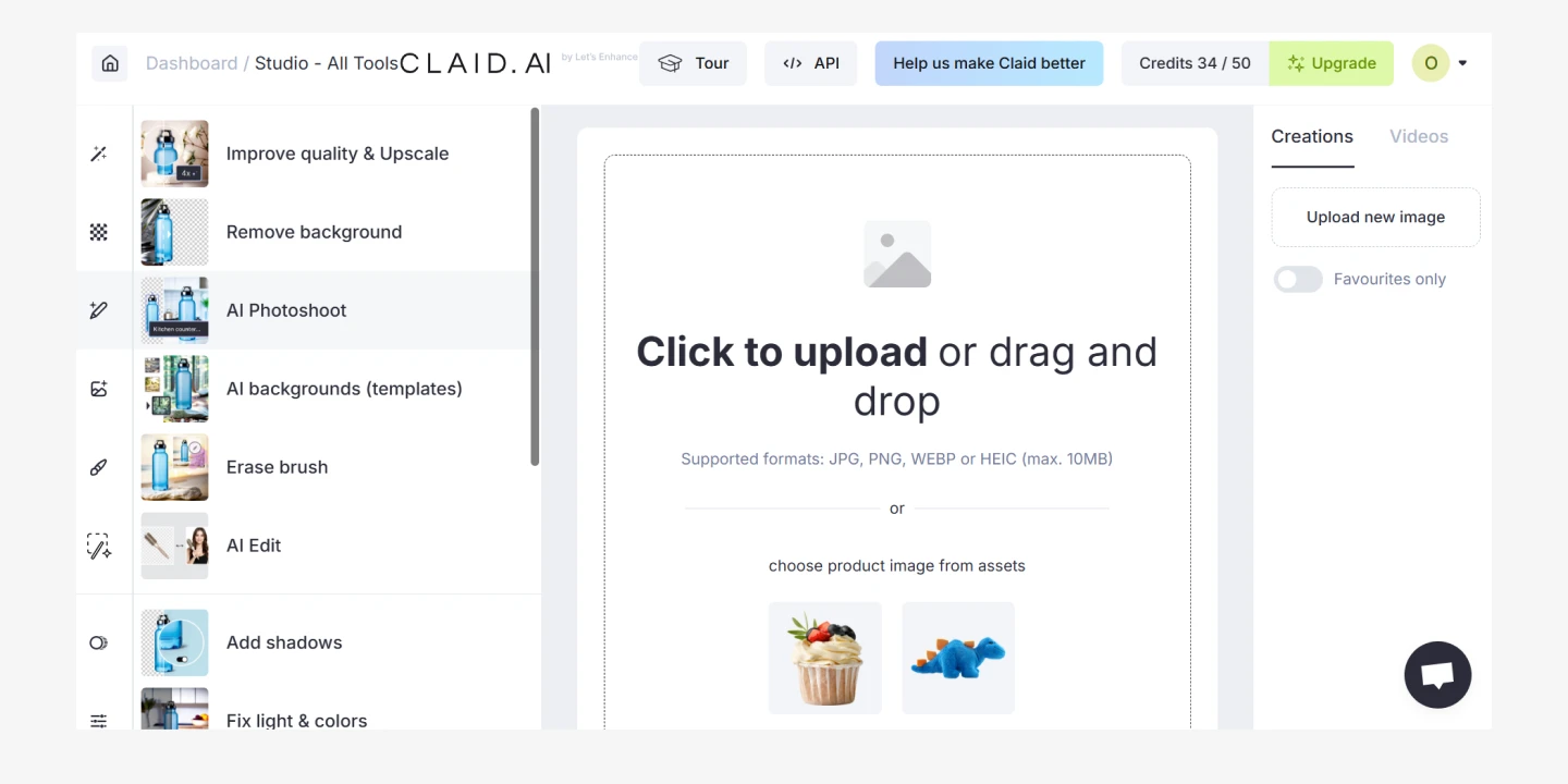 Screenshot of claid ai app dashboard to upload images by clicking or dragging and dropping, with options on the left for editing and AI tools.