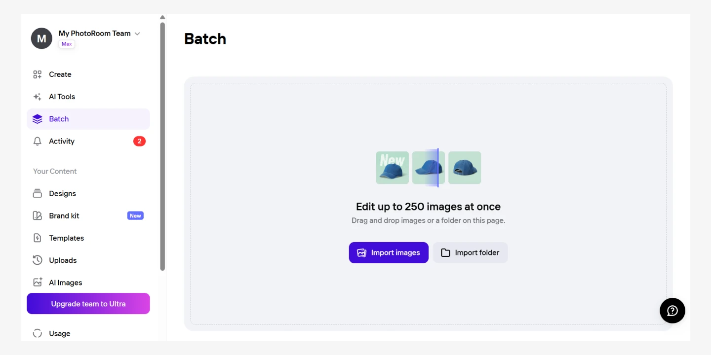 Screenshot of Photoroom web app with options to edit up to 250 images. Buttons for "Import images" and "Import folder" are visible.