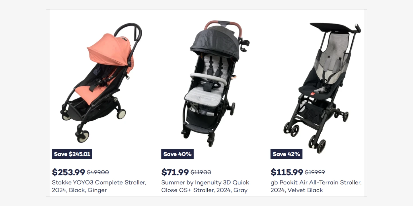 three discounted baby strollers: orange stokke yoyo3, gray ingenuity 3d, and black gb pockit air