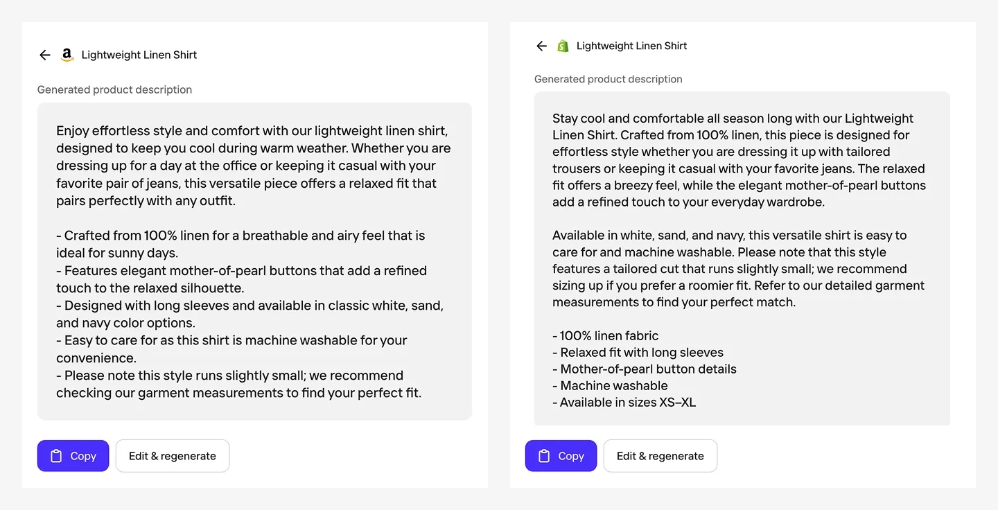 Side-by-side product descriptions for a lightweight linen shirt from Amazon and Shopify, highlighting features like fabric, fit, and care instructions.