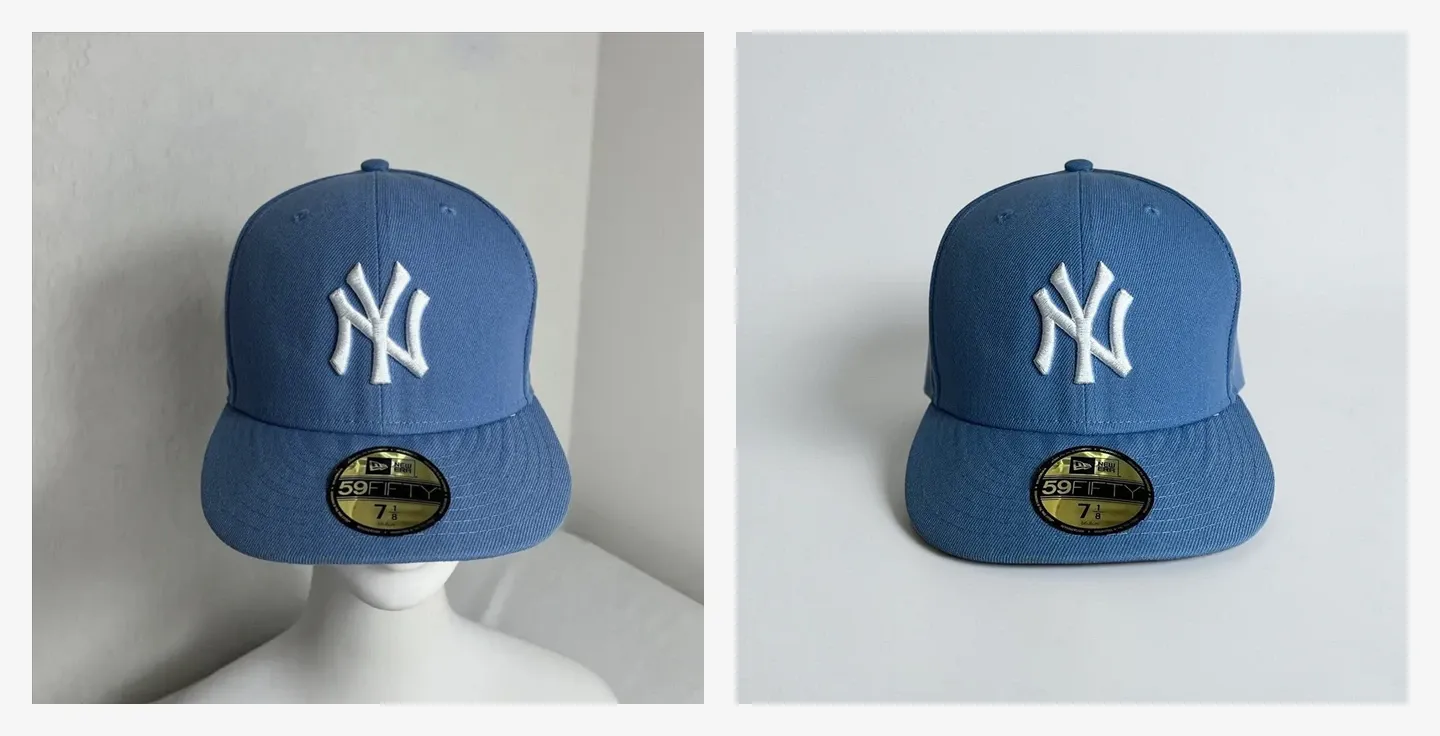 Two images of a blue baseball cap with a white logo on the front and a size label on the brim, one on a mannequin and one on a flat surface.