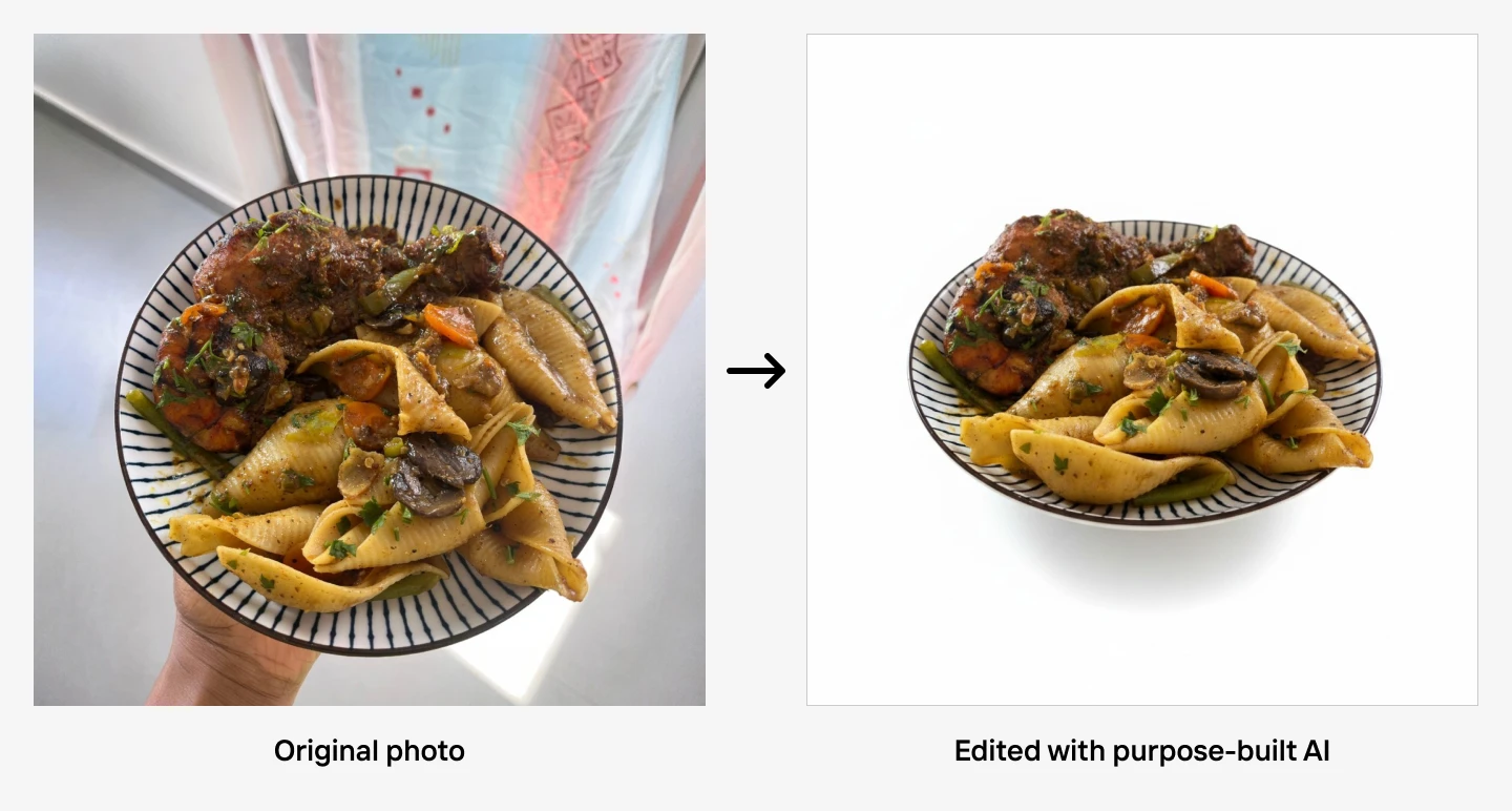 Comparison of a pasta dish with mushrooms and sauce. Left: original with a curtain background. Right: edited with a white background.