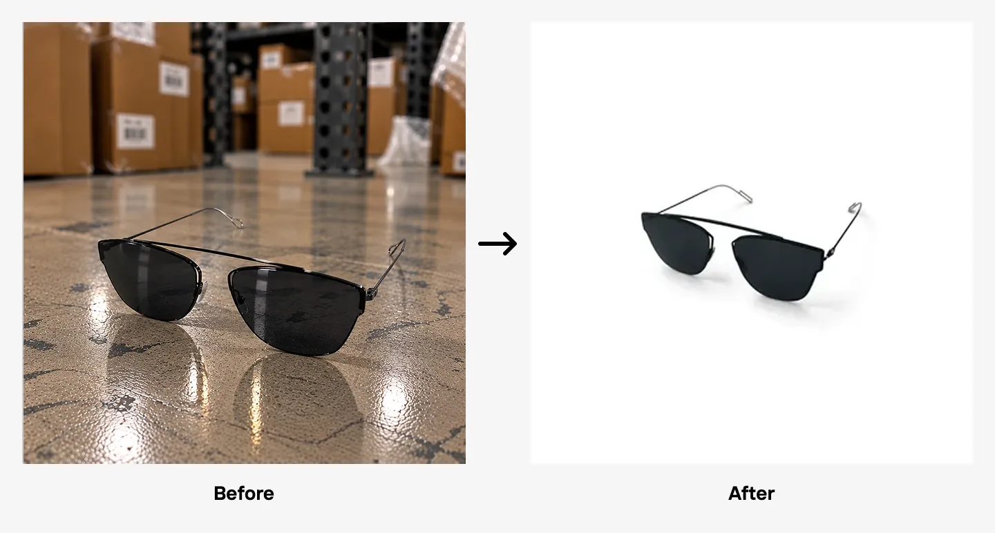 Black sunglasses on a warehouse floor, shown before and after background removal, with a plain white background.