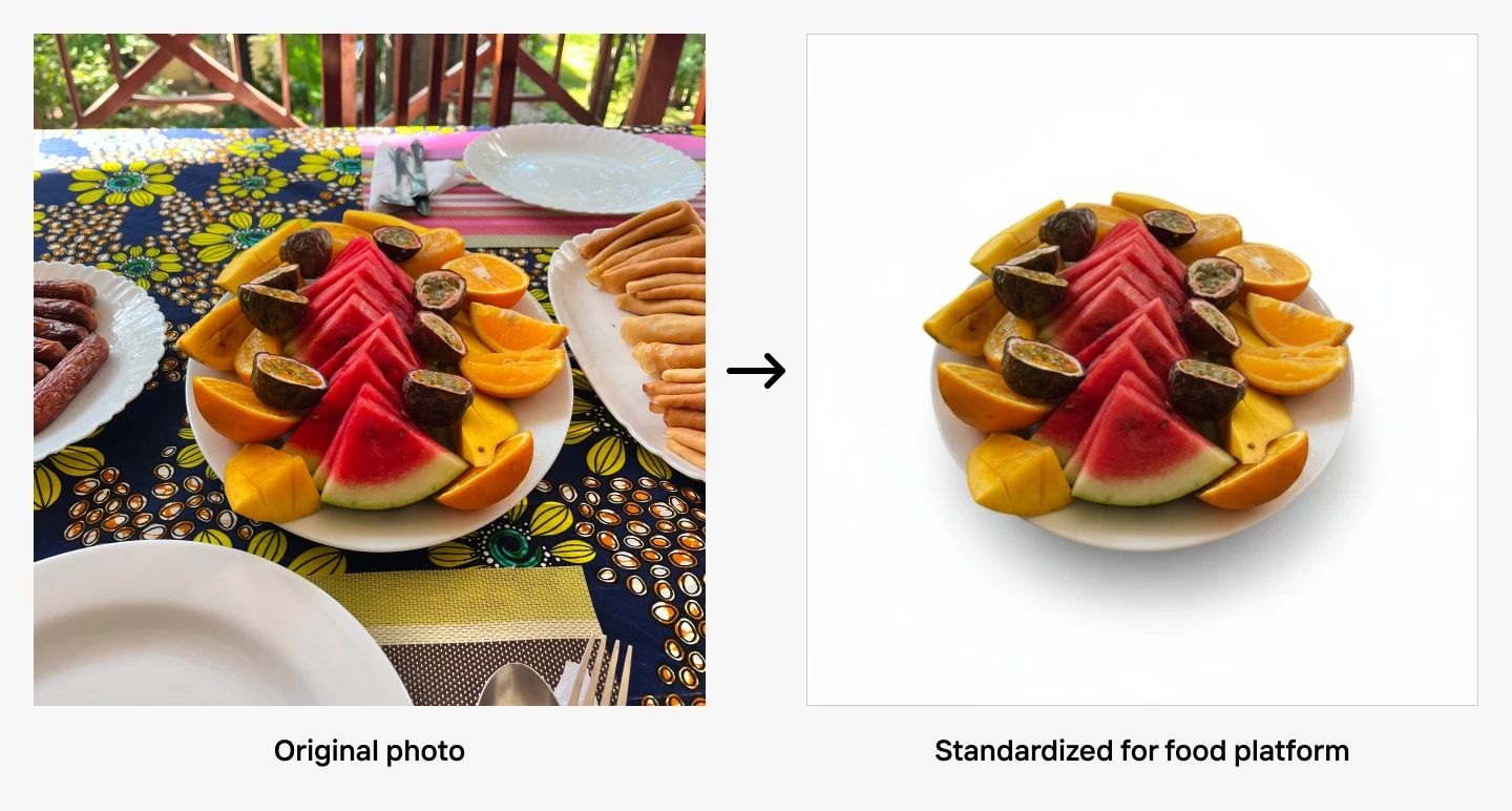 Original and standardized photos of a colorful fruit platter with watermelon, oranges, and kiwi slices on patterned and plain backgrounds.