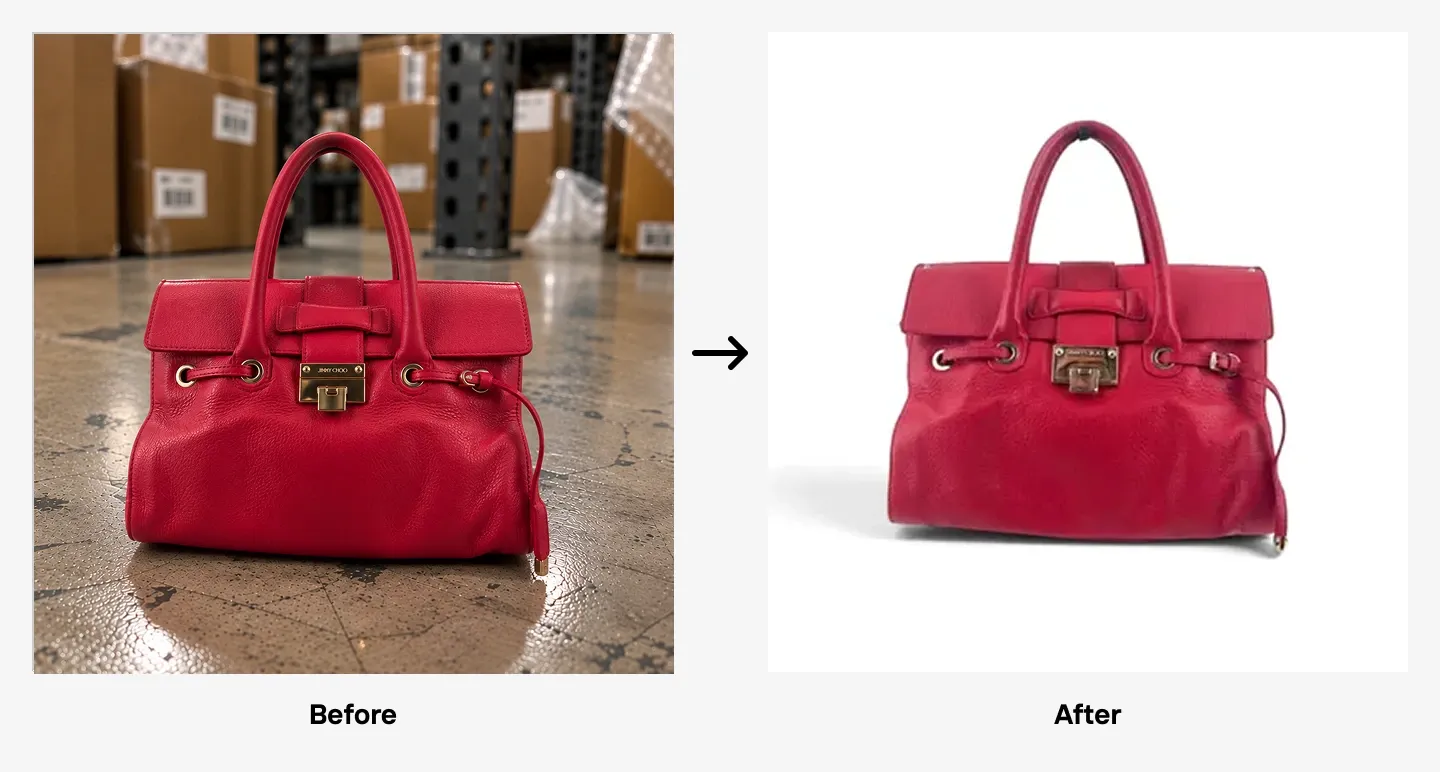 A red handbag shown before and after a background removal process; initially on a warehouse floor, then against a white background.