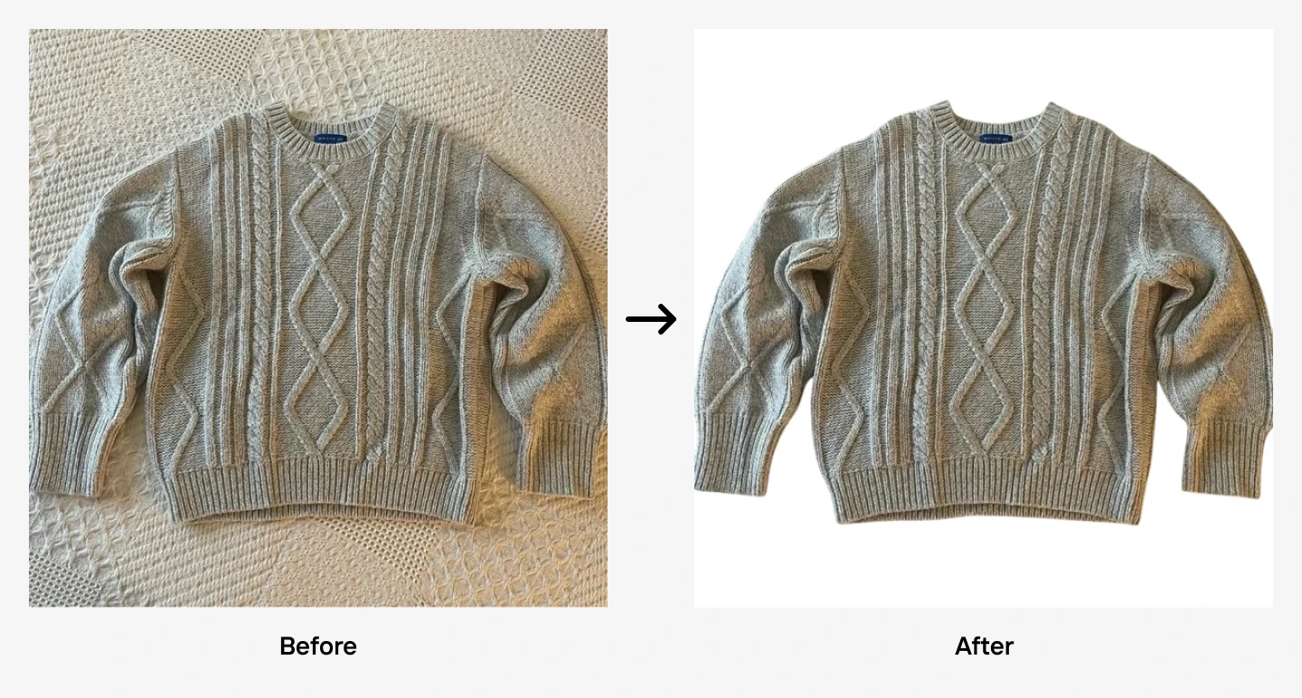 cable-knit sweater shown on textured surface then on clean white background after editing
