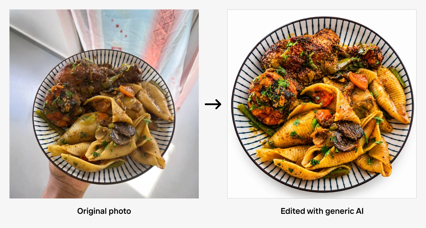 A side-by-side comparison of a pasta dish; original on the left, enhanced with general purpose AI on the right, showing over-enhanced colors and details.