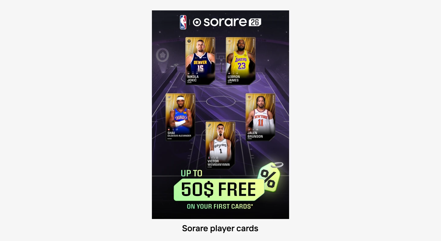 sorare nba promo showing five digital basketball cards arranged on a court graphic with a $50 bonus offer