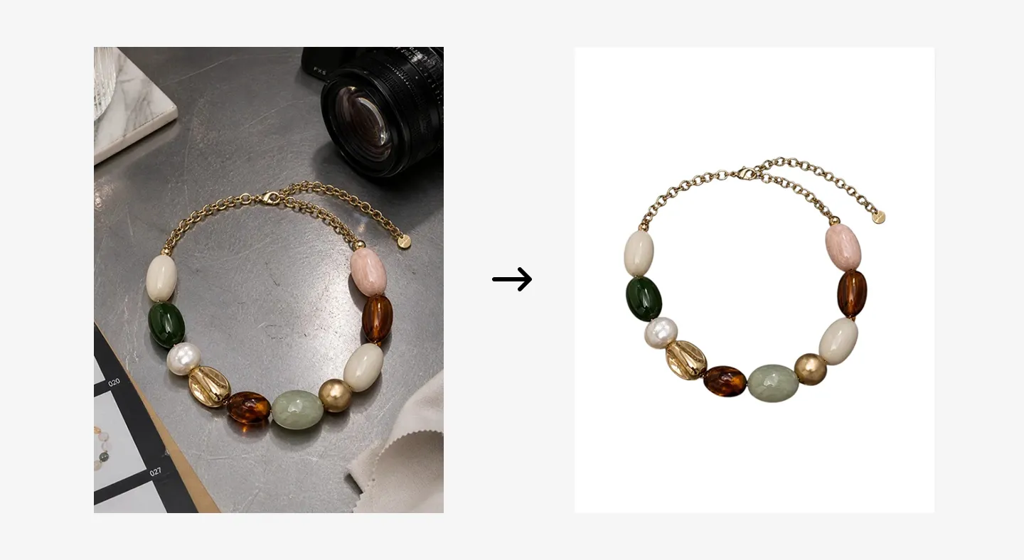A beaded necklace with multicolored stones and a gold chain, shown on a gray background and against a white background.