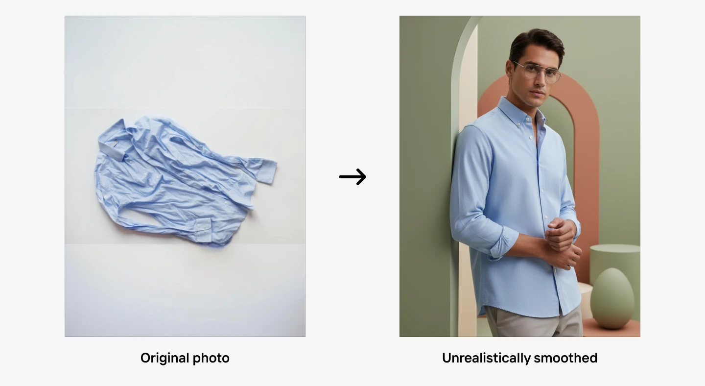 A crumpled blue shirt transformed into a smoothly ironed, worn shirt on a person in a styled setting.