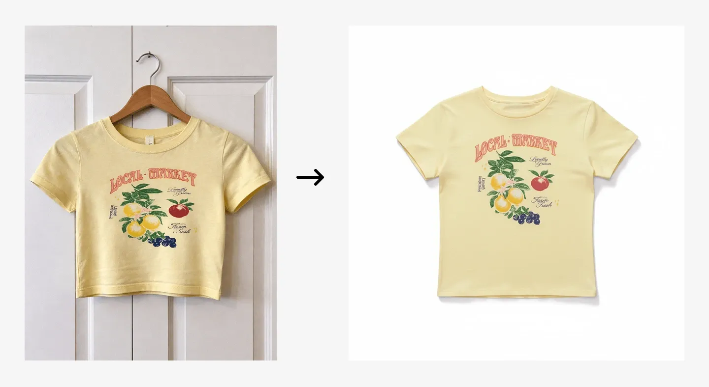 Two yellow shirts with "Local Market" and fruit graphics; left is cropped and on a hanger, right is standard and laid flat.