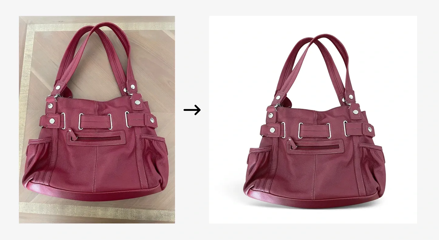 A red handbag shown in two images; one on a wooden table and one isolated on a white background.