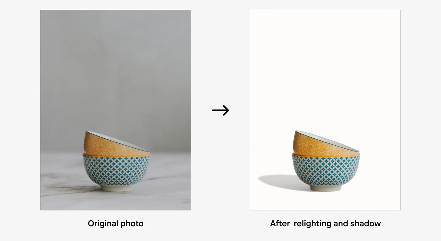 Stacked patterned bowls transformed from dull lighting to bright background with added shadow.