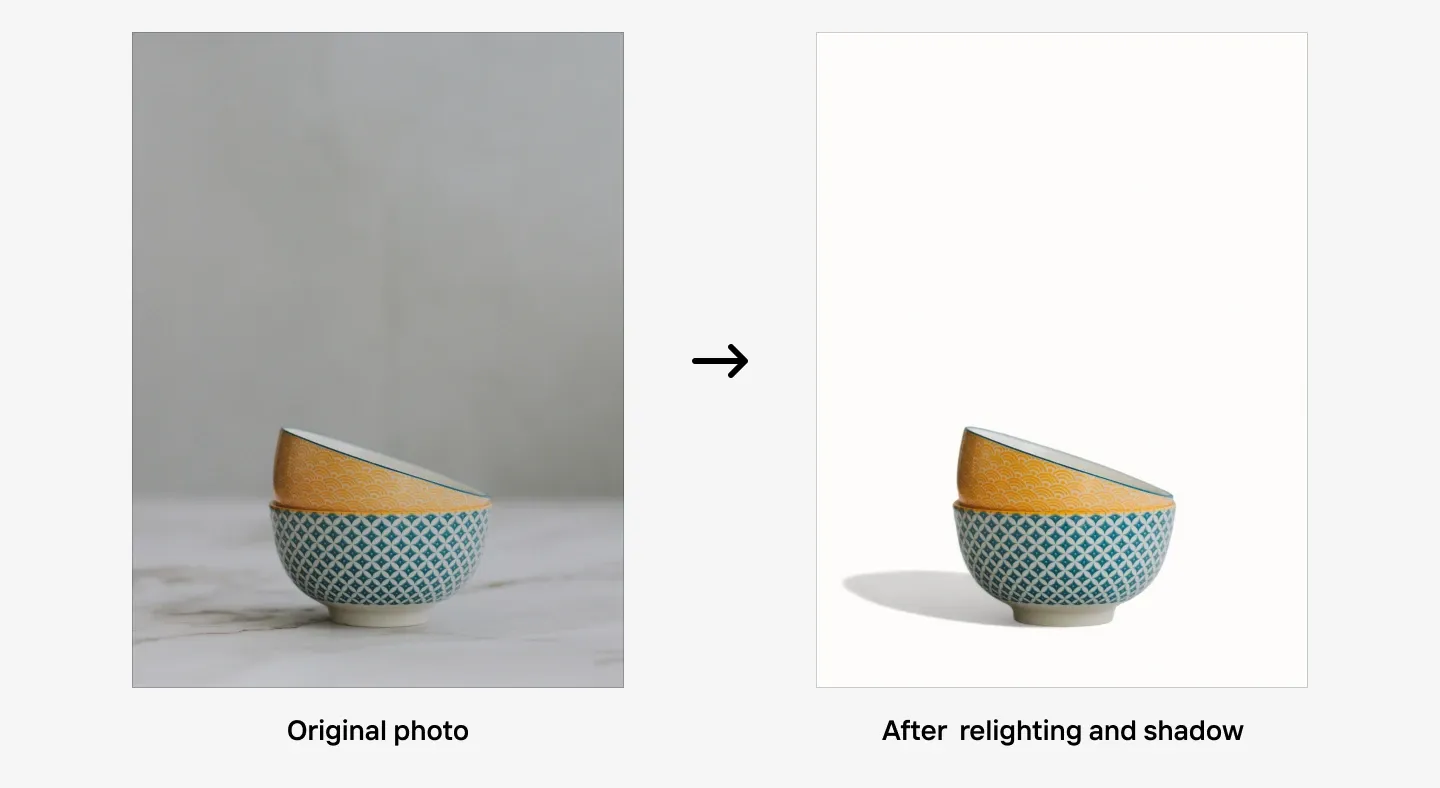 Stacked patterned bowls transformed from dull lighting to bright background with added shadow.