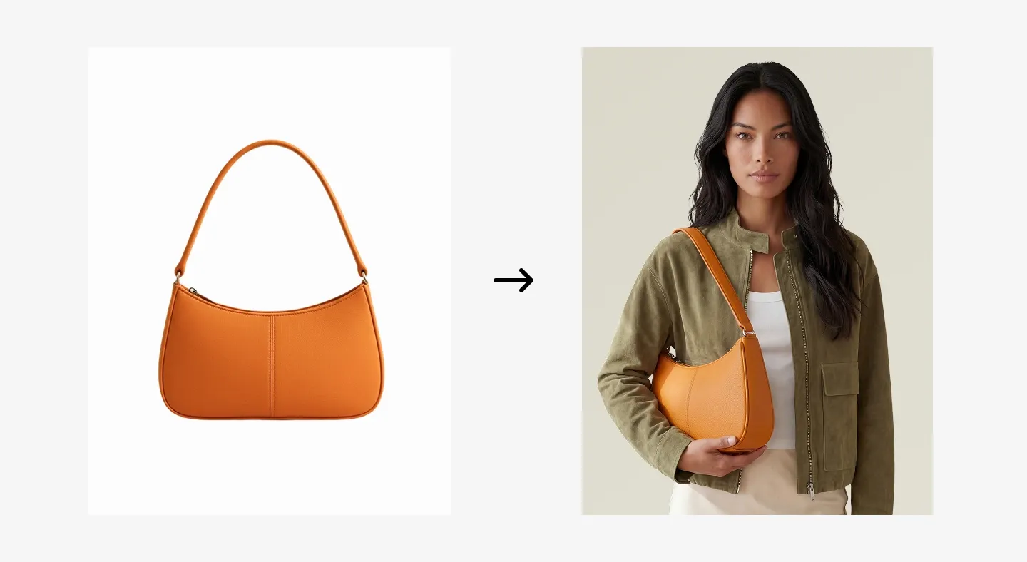 An orange handbag on a white background, beside a woman wearing a green jacket, holding the bag under her arm.