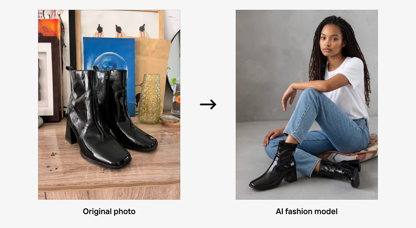 On the left, a pair of black boots on a table; on the right, a woman in jeans and a white shirt sitting, wearing the same boots.