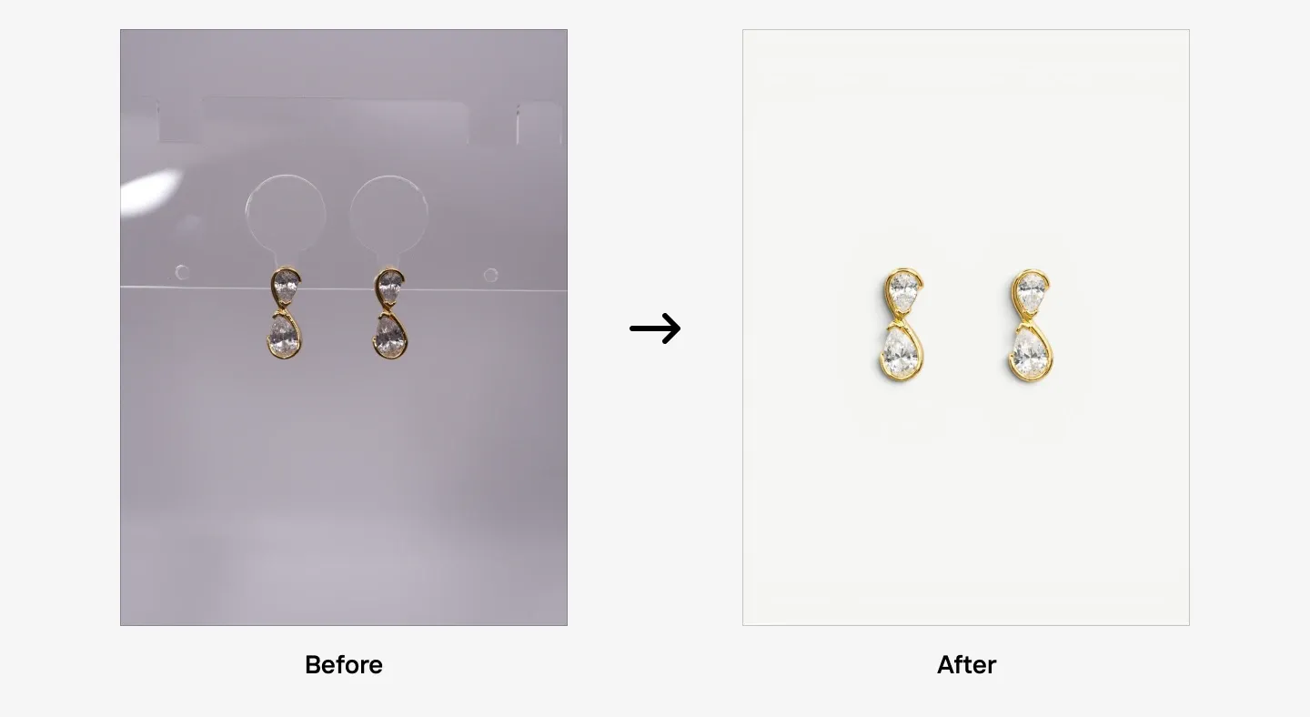 Before and after images of gold earrings with round stones, showing the earrings placed against different backgrounds.