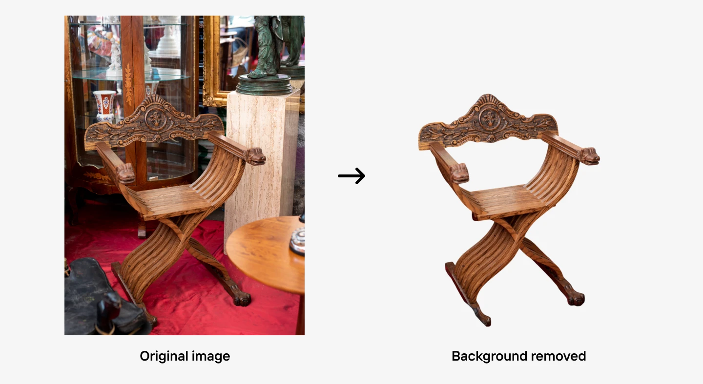 Antique wooden chair transformed from busy setting to transparent background view.
