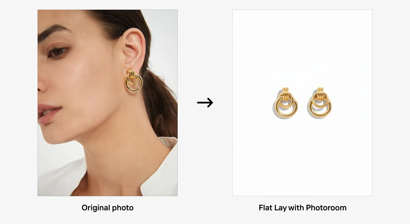 Photo showing one gold hoop earring worn by a woman, next to an image of two gold hoop earrings on a white background.