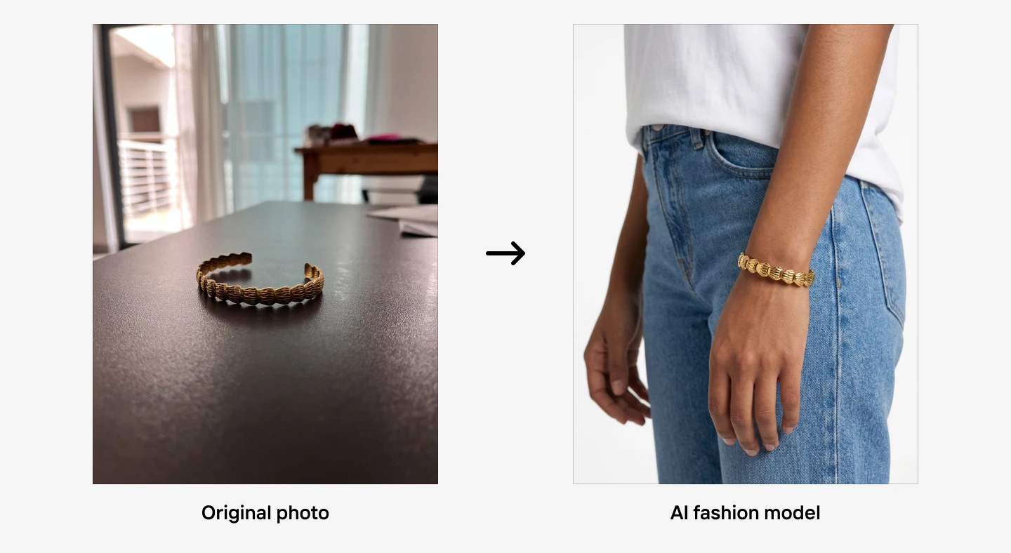 A bracelet on a table is shown in the original photo, and on an AI fashion model's wrist next to it.