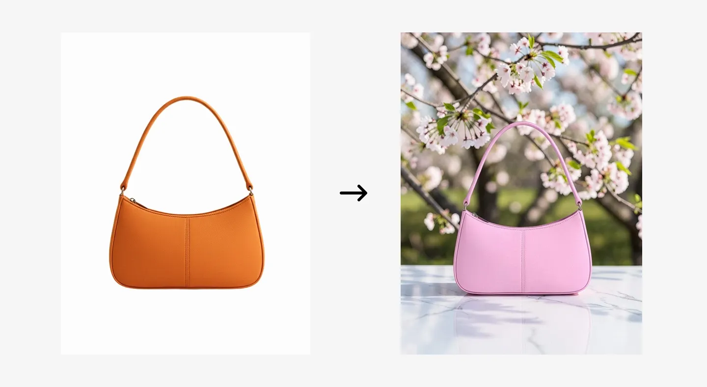 Orange handbag on the left against a white background, transformed into a pink handbag on the right with cherry blossoms in the background.