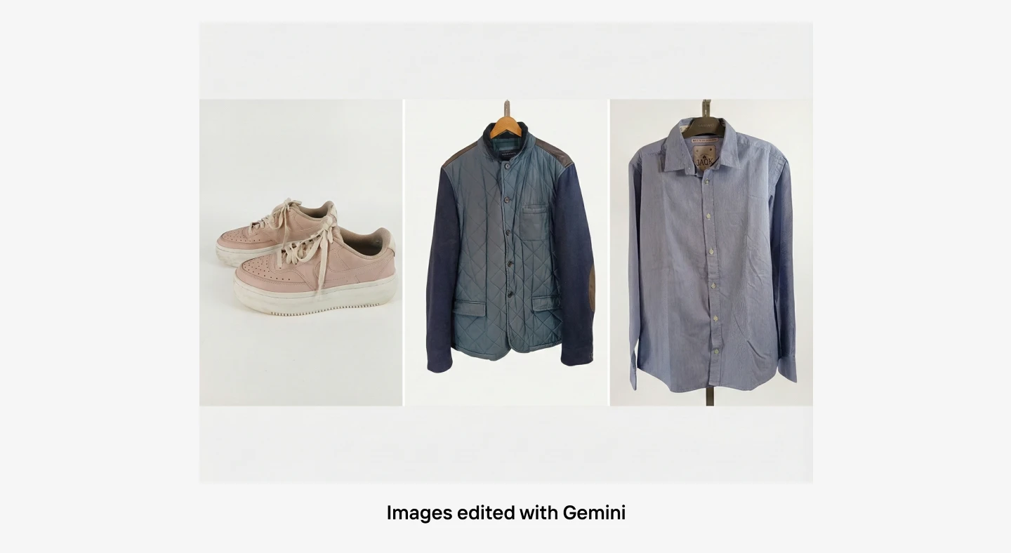 beige sneakers, navy quilted jacket on a hanger, and light blue button-down shirt on a white background.